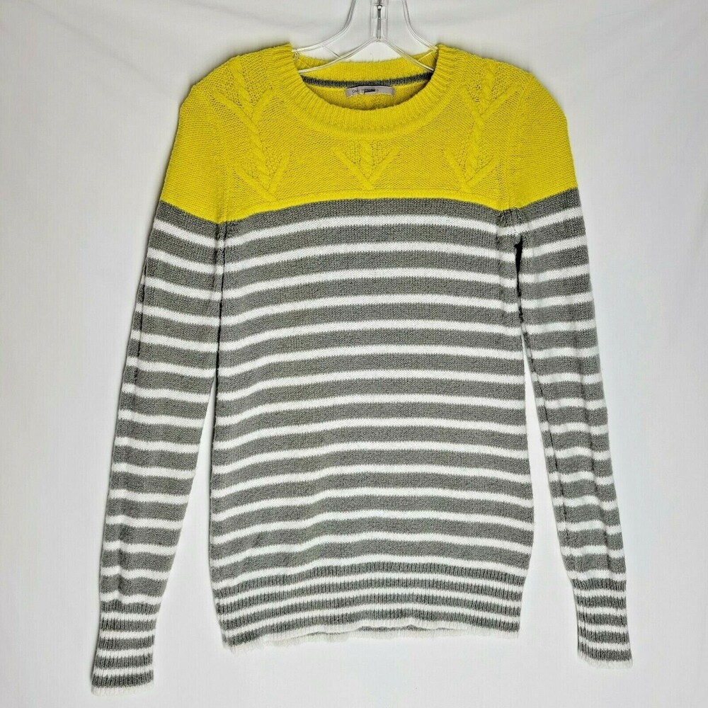 GAP Women's Sweater Yellow Gray White Striped Crew Neck Long Sleeve Size XS